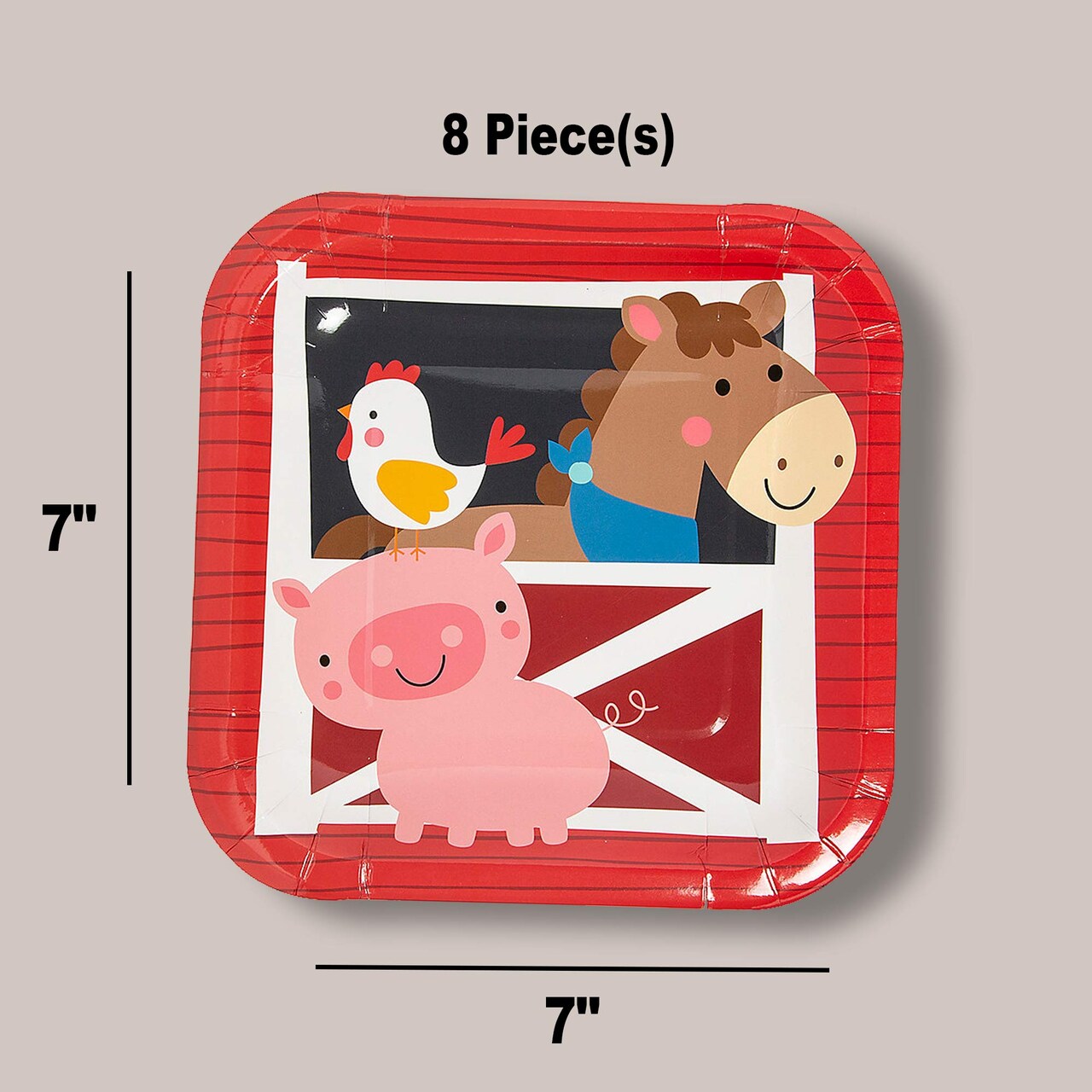 8 Count Farm Party Square Paper Dessert Plates Rooster, Horse & Pig Design 7-Inch